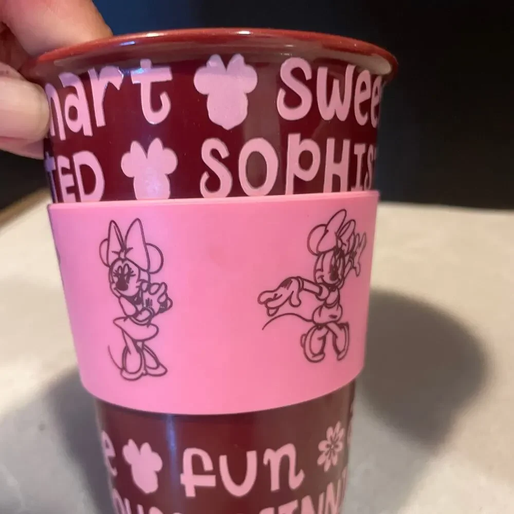 Disney Mickey Mouse and Minnie Mouse tumbler cups  beige and burgundy pink cup